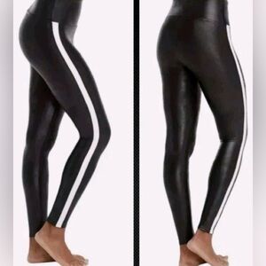 Spanx Tuxedo Stripe Faux Leather High Rise Black Ankle Leggings Size XL
